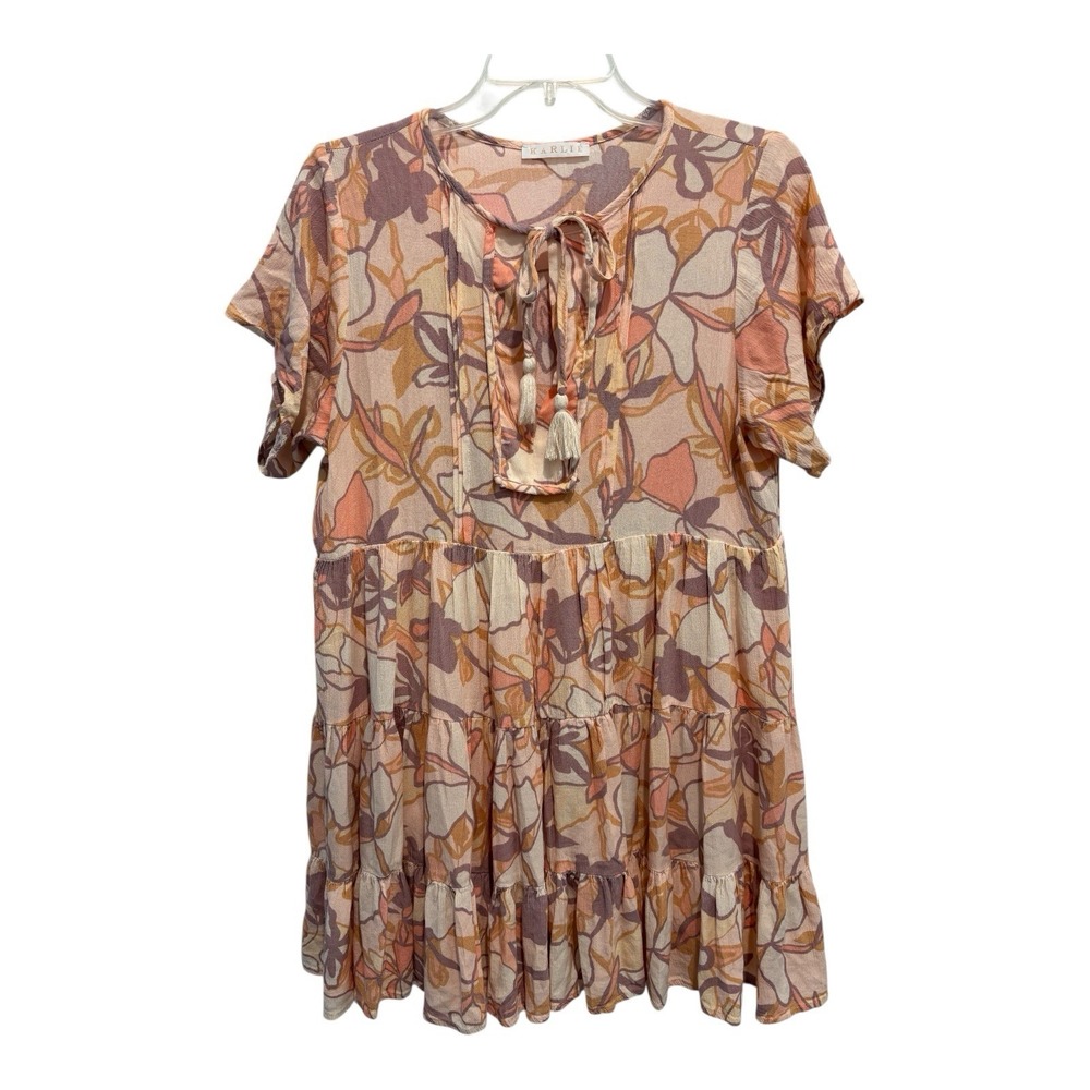 Karlie L Boho Floral Tiered Dress Short Sleeve‎ Tassel Tie Neck Rayon Lined